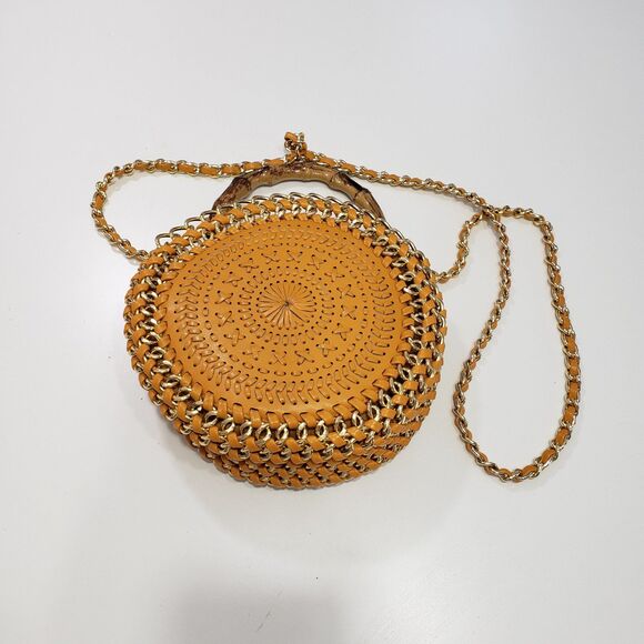 Beautiful Round Leather Satchel with Bamboo Handle and Chain for Crossbody - Picture 9 of 9